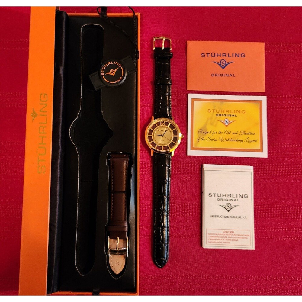 Stuhrling Men's Skeleton Watch w Box w/ 2 Leather Bands New Old Stock